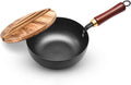 7.8 Inch Small Wok, Cold-Forged Iron Pot with Wooden Lid & Handle, 1.6 QT Sauce Pan for 1-2 Servings, Multipurpose Flat Bottom Wok for Stir-Fry, Pasta & Soup, Induction Compatible