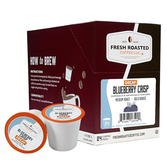 Fresh Roasted Coffee, Decaf Blueberry Crisp, Flavored Coffee Pods, 24 Count