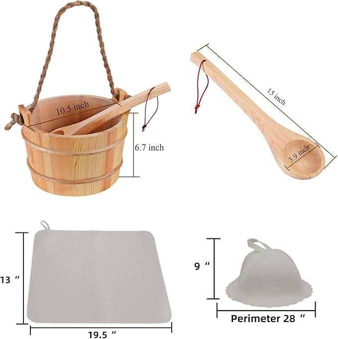 Novalty Handmade Sauna Bucket & Ladle Set Traditional Wooden Water Bucket 5 Liter (1.3 Gallon) with Plastic Liner, Bonus Sauna Hat and Seat Pad for Home Hotel Sauna Room Sauna Heater