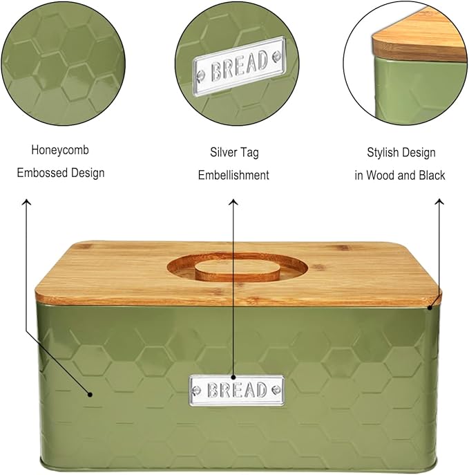 vensovo Bread Box for Countertop – Large Green Metal Bread Bin with Bamboo Cutting Board Lid, Farmhouse Bread Storage Container for Homemade Bread, Baked Goods & Kitchen Counter Organization