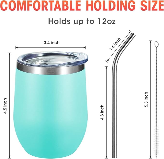 COMOOO 16 Pack Stainless Steel Wine Tumbler with Lid and Straw 12oz Double Wall Vacuum Insulated Travel Tumbler Cup for Hot and Cold Drinks, Coffee, Wine, Cocktails, Ice Cream Cup, Blue