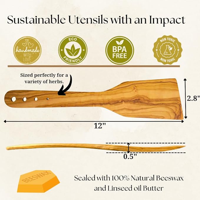 OLIVE WOOD SPATULA - Built-in Herb Stripper, Wooden Frying Spatula, Artisan Utensil, Fair-Trade, Handcrafted Cooking Utensils -LESVOS WOODCRAFT