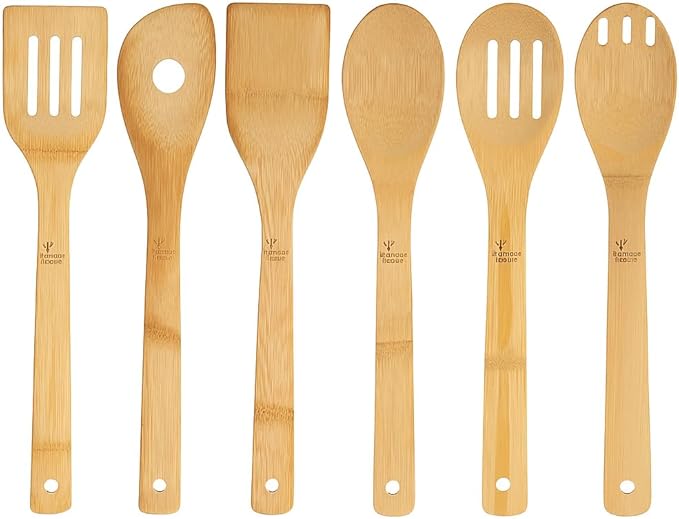 6 Piece kitchen utensils set - bamboo cooking utensils with comfort grip, including bamboo spoons, shovels & spatulas | wooden utensil set for non-stick pans, kitchen essentials