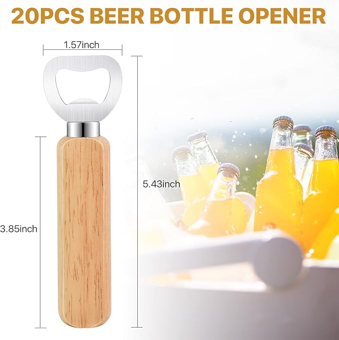 20 Pcs Wooden Bottle Opener, Stainless Steel Wood Handheld Beer Opener, Funny Bartender Bottle Opener for Groomsmen Gifts, Idea for Home Kitchen Wedding Party Bar Restaurant