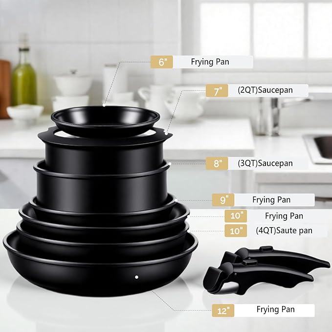 Bonnlo 23 PCS Non-Stick Cookware Set, Cast Aluminum Pots and Pans Set with Removable & Detachable Handles, Induction RV Kitchen Cook Set, Dishwasher Safe, PFAS PFOA & PFOS Free, for Home