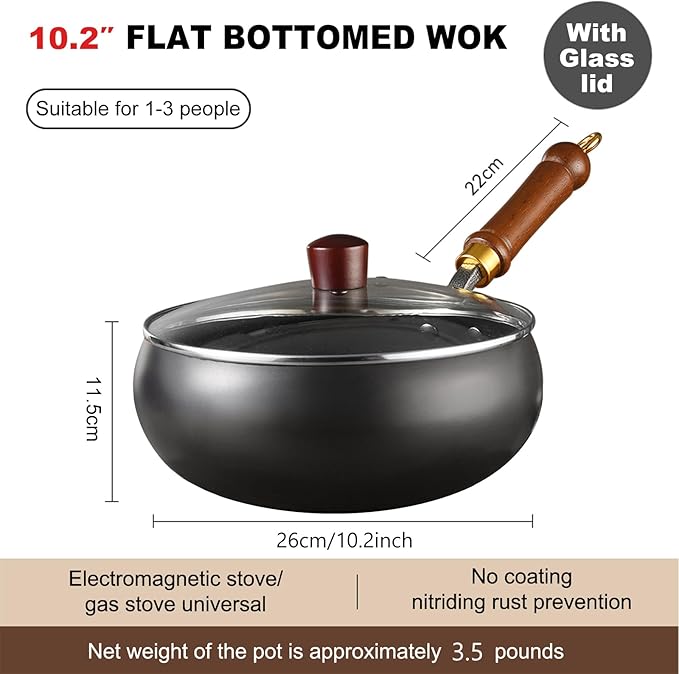 Carbon Steel Wok Pan, 10.2" Woks & Stir-Fry Pans with Glass Lid Cookwares, Nonstick Wok Flat Bottom Small Handmade Chinese Wok For for All Stoves