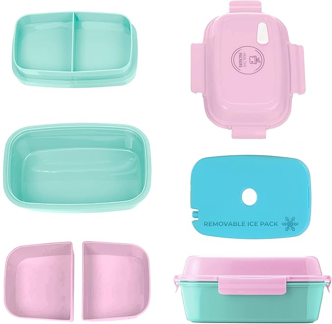 Ultimate Bento Box - Lunch Box for Kids & Adults with Removable Ice Pack - Leakproof, Multi-Compartment Food Container with Removable Containers - Microwave & Dishwasher Safe (Pink, Green, Pink)