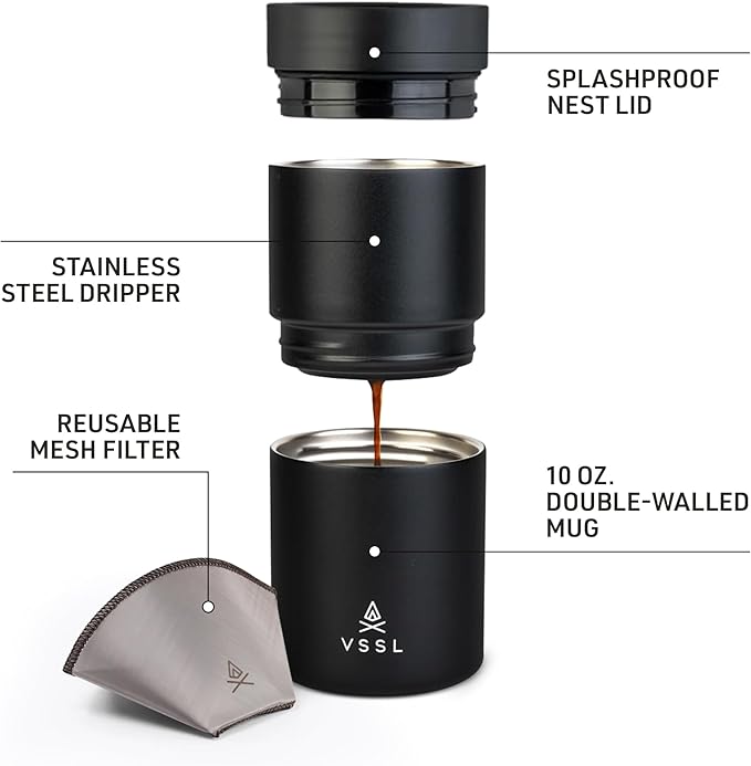 VSSL - Nest Pour Over Coffee Set | Coffee Maker for Camping | All-In-One Travel Pour Over | Transportable Dripper, 10oz Stainless Steel Travel Mug | Compact Storage & Adventure Ready | Black