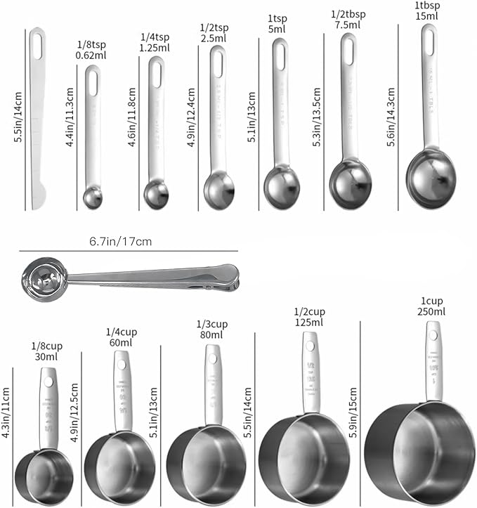Stainless Steel Measuring Spoons and Cups Set with Clip set of 13, Including 5 Measuring Cups,6 Measuring Spoons, and Spoon Clip, Durable and Perfect for Baking and Cooking