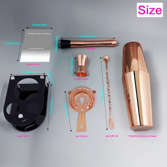5 Piece Cocktail Shaker Bartender Kit: 750/600ml(25/20oz) Cocktail Shaker Set with Stand, Drink Mixing Includes Martini Shaker,Strainer,Jigger,Bar Mixer Spoon,Muddler Bar Tool Set (Rose Copper)