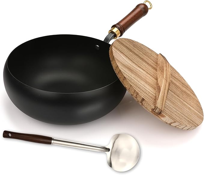 Suntuup Japanese Iron Pan, Uncoated Iron Pan, 9.45 Inch Suntuup japanese iron frying pan Non-Stick IronPan for Cooker Gas Stir Fry Pans with Lid Spatula Durable and Rust-Free (Wooden Lid, 9.45in)
