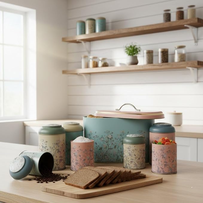 MARIA ROMA 7 Pieces Bread Box for Kitchen Countertop and Canisters Sets for the Kitchen Ideal for Bread Basket Sugar Container Coffee Canister Tea Tin Breadbox Vintage and Rustic Model