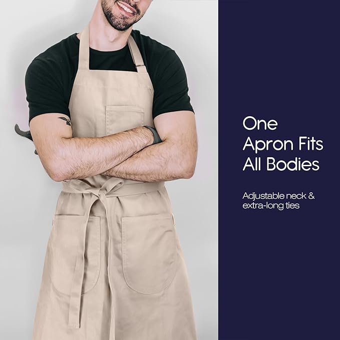 Unisex Apron with Pockets for Cooking, Salon & Art - 100% Cotton Adult Kitchen, Chef, Stylist Apron (Beige)