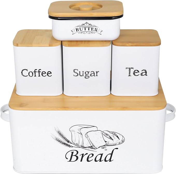 SOTECH Bread Box with 3pcs Jars Coffee Sugar Tea for Kitchen Countertop White Metal Bread Box with Bamboo Board Cover Pastry Storage Container Set Kitchen decor (bread box with jars and Butter Dish)