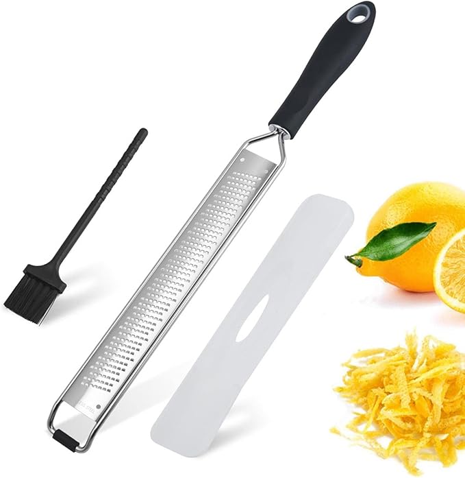 Lemon Citrus Grater,Stainless Steel Cheese Grater with Protective Cover and Brush Perfect Kitchen Tool for Ginger Garlic Oranges Vegetables Fruits(COLOR:Silver+Black)