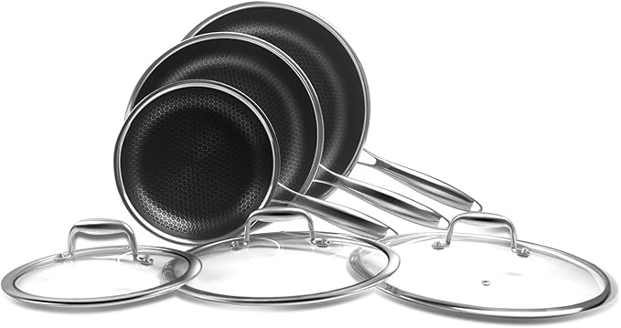 6-Piece Frying Pan Set, 8, 10 and 12 inch Frying Pans, Hybrid Nonstick 18/10 Stainless Pans with Lid, Even &Fast Heating, Compatible with Induction all Cooktop, Dishwasher Oven Safe, Easy Clean