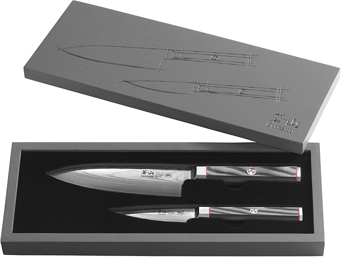 Cangshan YARI Series X-7 Damascus Steel Starter Knife Set With Ash Wood Box (2-Piece)