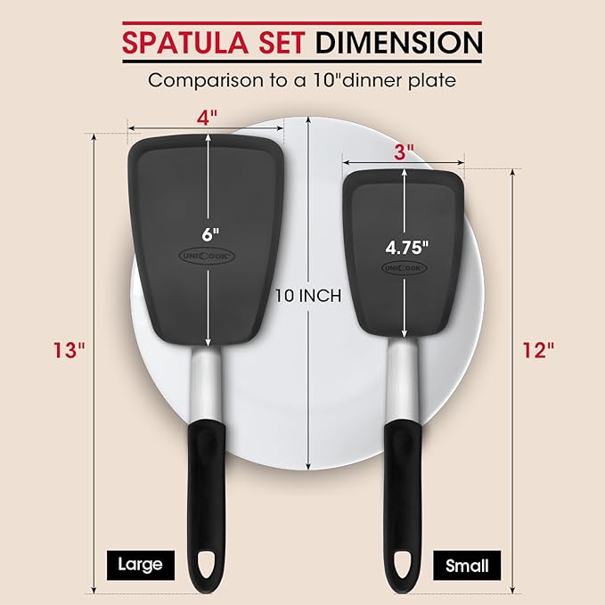 Unicook 2 Pack Flexible Silicone Spatula, Turner, 600F Heat Resistant, Ideal for Flipping Eggs, Burgers, Crepes and More, Black