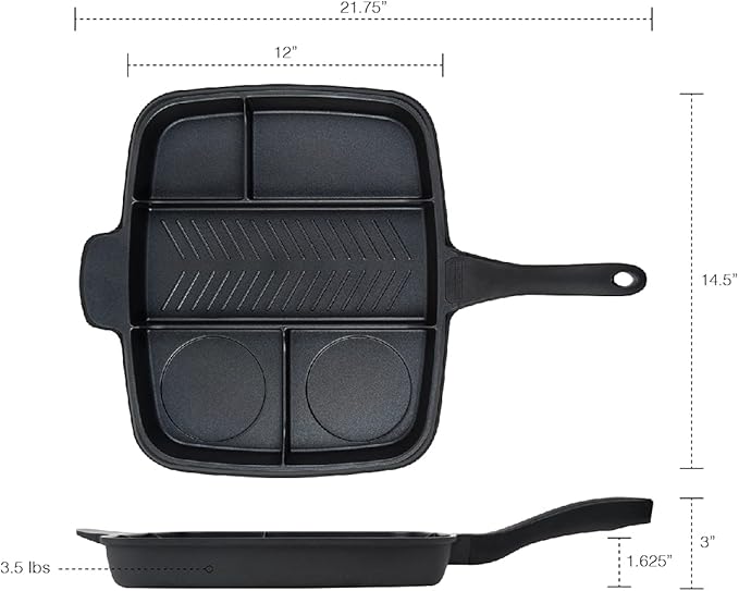 Master Pan Non-Stick Divided Grill/Fry/Oven Meal Skillet, 15", Black