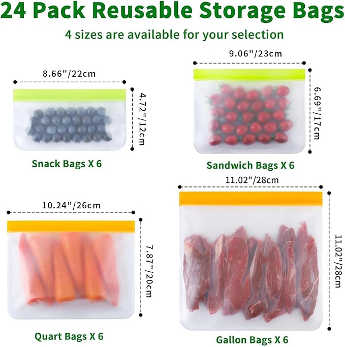 Reusable Freezer Bags 24 Pack Full Sizes Combo: 6 Snack, 6 Sandwich, 6 Quart, 6 Gallon | BPA Free, Dishwasher Safe & Leakproof | For Meal Prep, Lunch, Leftovers, Food Storage & Travel