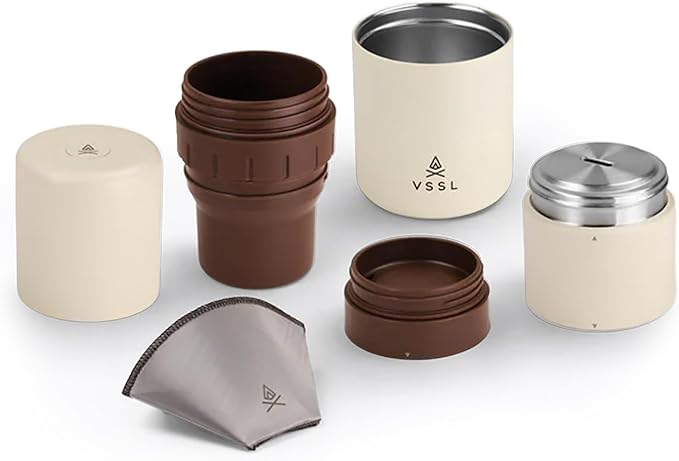 VSSL - Nest Pour Over Coffee Kit | Coffee Maker for Camping | All-In-One Travel Pour Over | Transportable Dripper, Two 10oz Stainless Steel Travel Mugs | Compact Storage & Adventure Ready | Cream