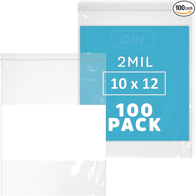 10" x 12" 1 Gallon Zip Bags, 2 Mil Thick Clear Plastic Reclosable Zipper Lock Bags with Write-on White Block, with Resealable Zip Top Lock for Food Storage, A4 Letter Size Paper, 100 Count