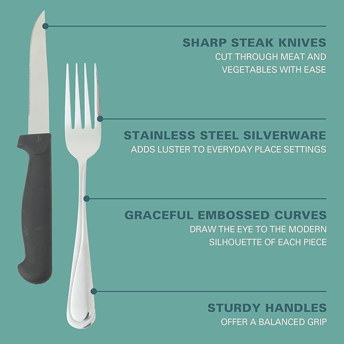 Gibson Home Trillium Plus 24-Piece Stainless Steel Flatware Utensil Set with Steak Knives – Silverware Service for 4 with Teardrop Handle Design