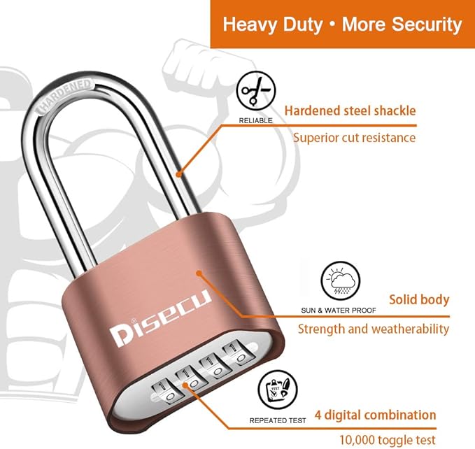 1 Pack disecu Heavy Duty 4 Digit Combination Lock, 2.5 Inch Long Shackle Outdoor Waterproof Padlock for School Gym Locker, Storage Unit, Fence, Gate, Toolbox (Brass)