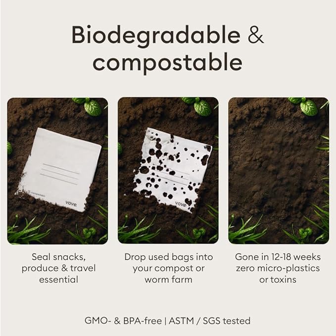 Vove Compostable Sandwich Bags, Medium 30 Count – Freezer Safe, Leak Proof, Non Toxic, Writable Surface for School Lunches & Meal Prep, Eco-Friendly