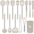 Silicone Kitchen Cooking Utensil Set, Silicone Kitchen Spatula Utensils Set with Stainless Steel Handle,Non-stick Heat Resistant - Best Kitchen Cookware Set-(Khaki)