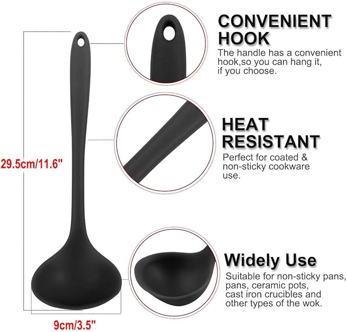 uxcell Silicone Soup Ladle Spoon 11.6 Inch Length Heat Resistant to 450°F One Piece Design Restaurant Kitchen Cooking Utensil for Serving Soup Black
