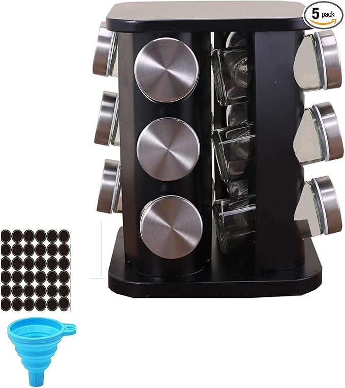 Spice rack-Revolving Spice Rack Set, Kitchen Spice Tower Organizer for Countertop or Cabinet -Desktop Rotating Seasoning Organizer(Stainless Steel) (Black, SquareHead_12Jars)