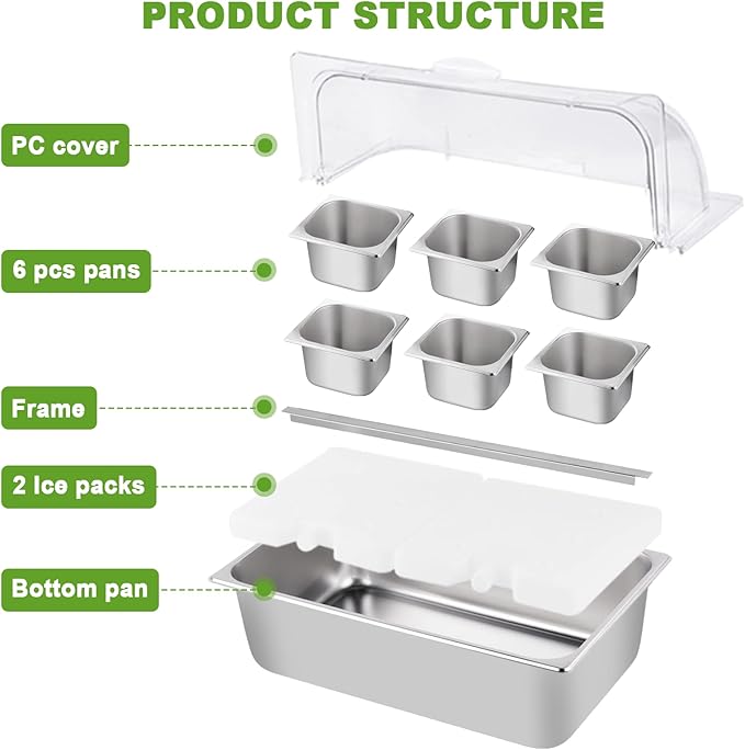 Countertop Ice Food Serving Display Container 6 Pans 2 Ice Packs Cooled Condiment Dispenser Salad Dressing Cold Serving Appetizer Cooler Spice Food Display Rack Sauce Organizer for Buffet