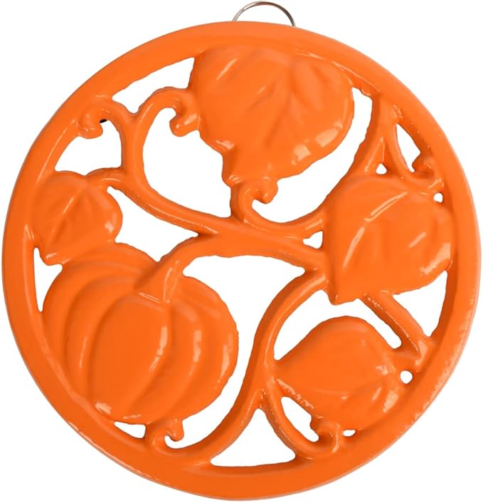 Cast Iron Trivet for Hot Dishes, Pumpkin Pattern Decorative Trivet for Hot Pots & Pans, Round Metal Heat-Resistant Pad Mat for Protective Countertop, Orange