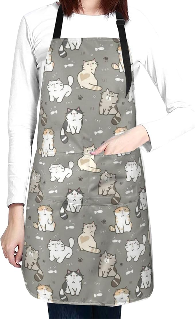 Cute Cat Apron Adjustable with 2 Pockets Cooking Kitchen Aprons for Men Women Outdoors Baking Chef Apron
