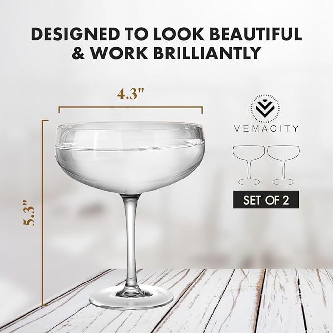 VEMACITY - Elegant Handblown Coupe Cocktail Glasses Set of 2 (10oz) - Crystal Espresso Martini Glasses, Champagne Saucers - Vintage Glassware | Wedding Gift | Ideal for Christmas & New Years