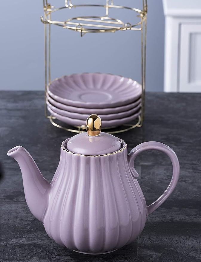 YBK Tech Strengthen Porcelain Teapot, 31oz Coffee Pot Ceramic Teapot- Stripe Design (Purple)