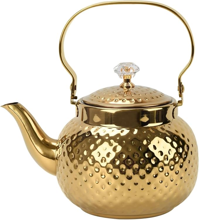 2L Hammered Tea Kettle, Stainless Steel Tea/Coffee Pot Loose Leaf Teapot for Tea, Milk, Coffee, 2L Teapot with Strainer Stovetop Tea Kettle, Outdoor Travel Supplies, Gift For Tea (Gold 2L)