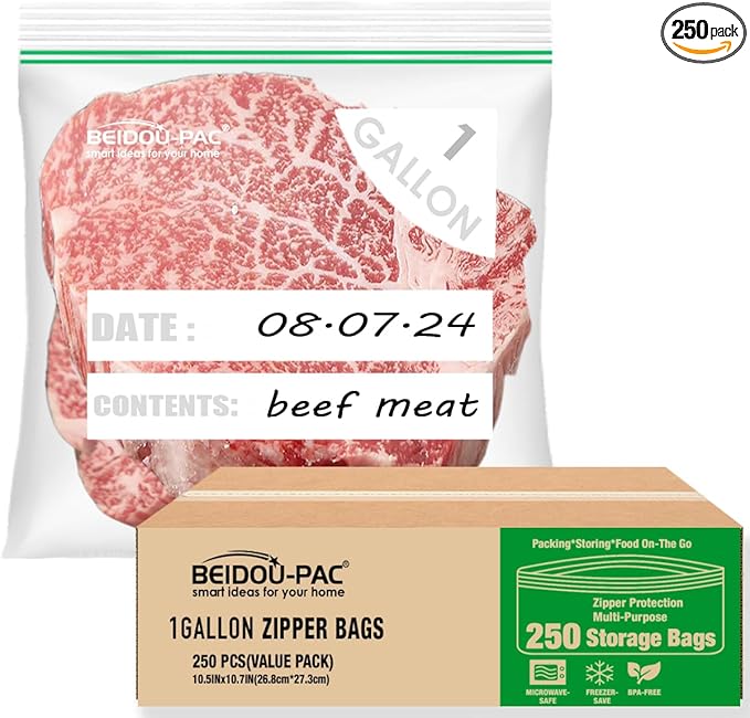Gallon Food Storage Freezer Bags, 250 Count | Double Zipper | 10.5" * 10.7", Freshness Easy Open Reclosable Clear Plastic Bags