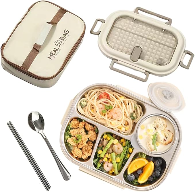 Bento Box Adult Lunch Box 304 Stainless Steel Portable Leakproof Lunch Food with Chopsticks Spoon Soup Bowl Large Capacity Sealed 1500ML (White-5 Compartments, 10.23IN*6.69IN*2.76IN)