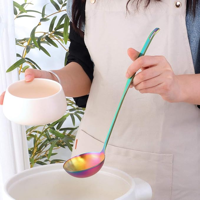 Buyer Star 2 Pcs Soup Ladle Colander, rainbow Cookware Serving Long Handle Steel Slotted Spoon Cooking Utensil Set for Hotpot