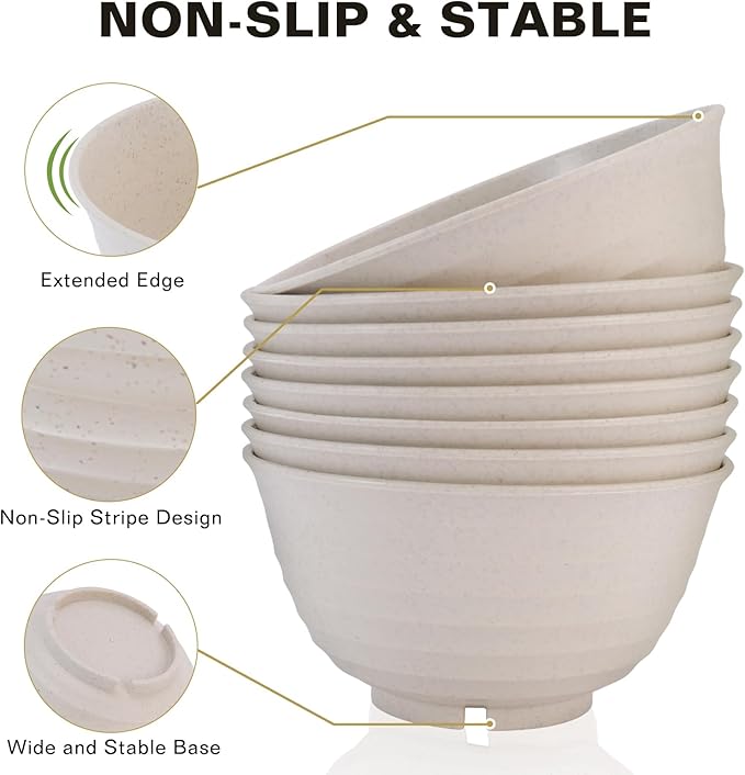 8 Pcs Wheat Straw Bowls, 34 Oz Plastic Soup Large Cereal Bowls Set Reusable, Unbreakable Lightweight Microwave Dishwasher Safe BPA-Free for Pho Pasta Kitchen Camping, Black