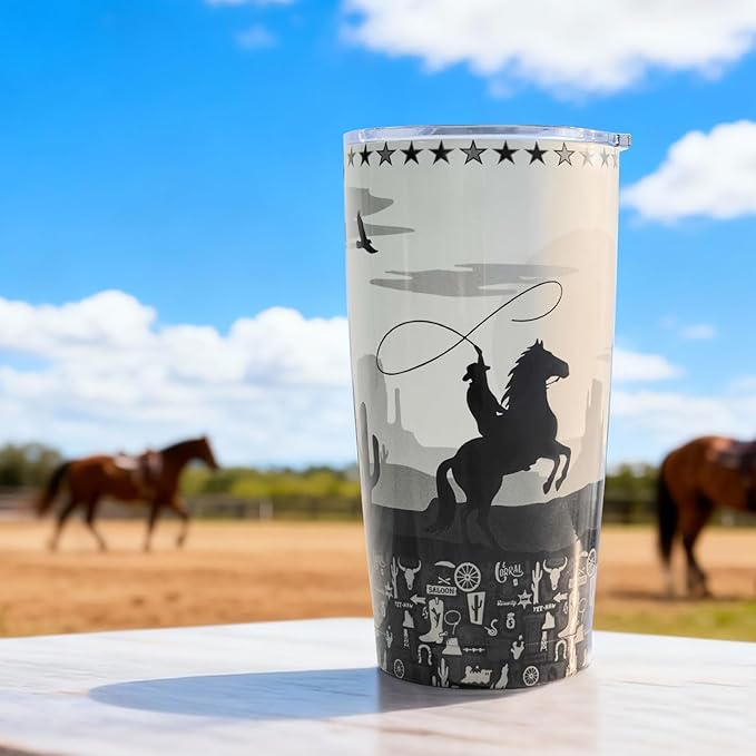 20oz Western Cowboy Horse Tumbler | Stainless Steel Double Vacuum Insulated | Leakproof Travel Mug for Keeps Drinks(20H Cold/5H Hot) | Cup Holder Friendly