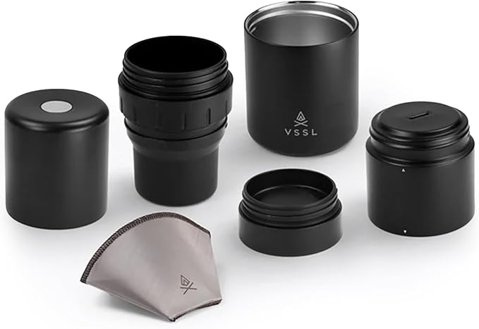 VSSL - Nest Pour Over Coffee Kit | Coffee Maker for Camping | All-In-One Travel Pour Over | Transportable Dripper, Two 10oz Stainless Steel Travel Mugs | Compact Storage & Adventure Ready | Black