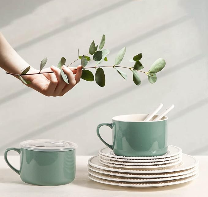 Soup Bowls with Handles & Spoons, 30oz Ceramic Ramen Bowl with Lid, Large Soup Mugs/Cups for Instant Noodle, Big Cereal Bowls for Oatmeal, Soup Containers with Lids, Set of 2, Teal Blue