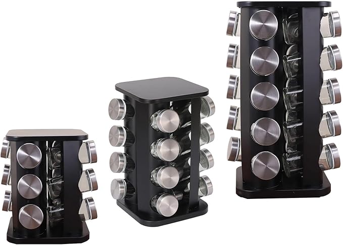 Spice rack-Revolving Spice Rack Set, Kitchen Spice Tower Organizer for Countertop or Cabinet -Desktop Rotating Seasoning Organizer(Stainless Steel) (Black, SquareHead_20Jars)