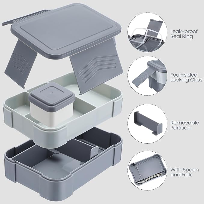 6-compartment Bento Box, 50oz Lunch Container with Utensils & Sauce Cup, Microwave & Dishwasher Safe, Leakproof Lunch Box for Adults Men Women (Gray)
