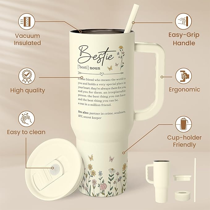 Best Friend Tumbler with Handle 40oz, Bestie Cups for Women Stainless Steel Coffee Travel Tumblers with Straw, Bestie Gifts for Female Friends BFF, Friendship Gift for Birthday Christmas Valentines