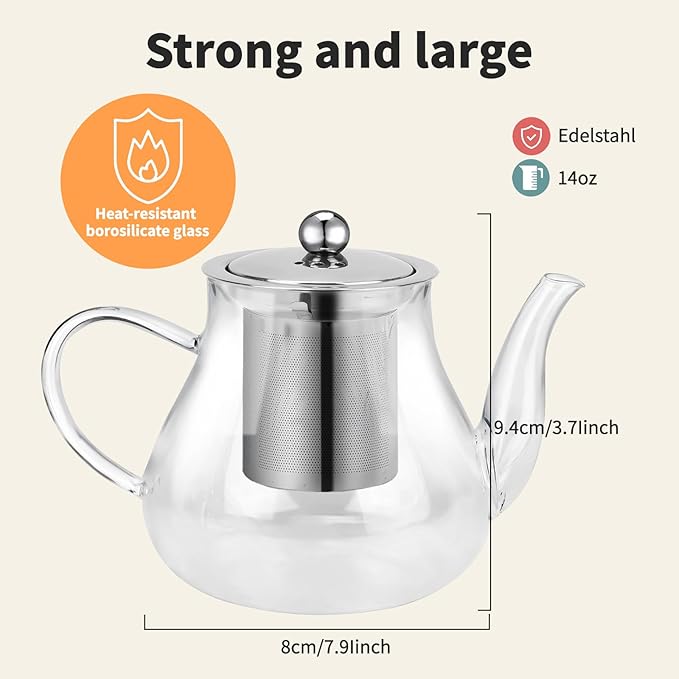 Glass Teapot 14oz/400ml with Removable Infuser, Borosilicate Clear Tea Kettle, Stovetop Safe Tea Kettle Blooming Loose Leaf Teapots, for Camping, Travel