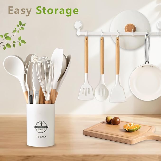 Silicone Cooking Utensils Set with Holder, 12 Pcs Heat Resistant Kitchen Utensils Set with Wooden Handle, BPA-free Spatula, Tongs, Spoons Set for Nonstick Cookware, White